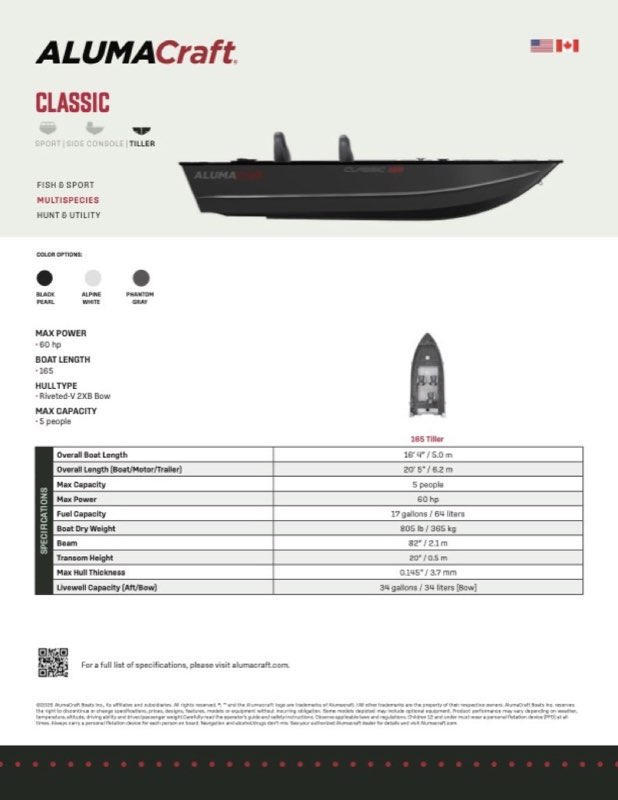 Classic 165 Tiller specification sheet